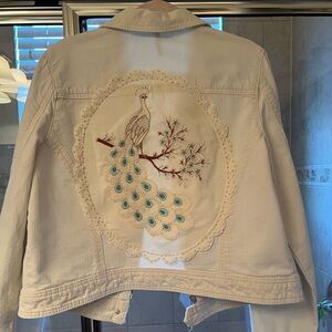 Off White Denim Jacket up-cycled with vintage embroidered peacock design Large